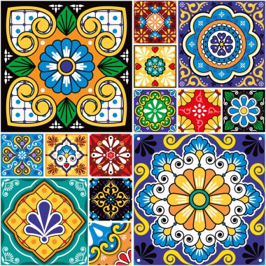 Meksika seramik talavera fayansları büyük koleksiyon, retro vektör dikişsiz desen Wallaper, tekstil veya kumaş baskısı için mükemmel