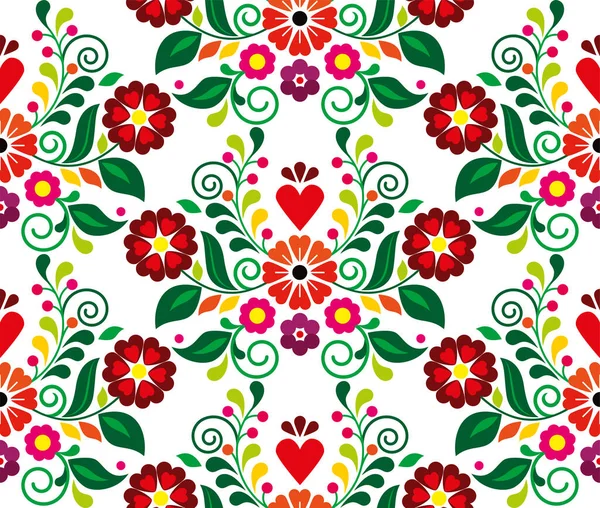 Folk Art Vector Naadloos Patroon Met Bloemen Bladeren Hart Mexicaanse — Stockvector