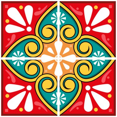 Meksika talavera fayanssız desen vektör 4 çiçekli, girdaplı dizayn