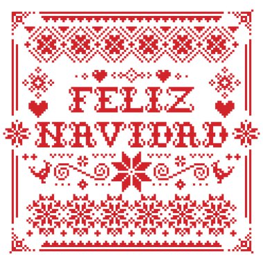 Feliz Navidad vektör tebrik kartı deseni kırmızı arka planda - İskandinav Noel örgü, çapraz dikiş tasarımı