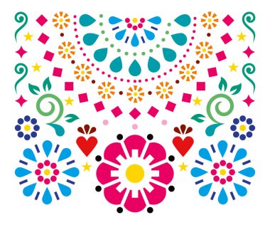 Kalpler, çiçekler ve geometrik yarım mandala ile Meksika geçmişe dönük vektör tasarımı, canlı halk sanatı - tebrik kartı veya düğün davetiyesi için mükemmel 