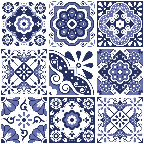 Carreau Mexicain Bleu Marine Motif Vectoriel Sans Couture Grand Ensemble — Image vectorielle