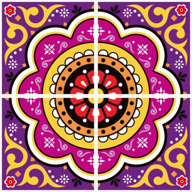 Meksika Talavera fayansları, mor, pembe çiçekli ve geometrik motifli kusursuz desenli, Meksika halk sanatlarından esinlenilmiş.