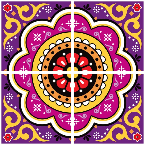 Meksykańskie Talavera Płytki Wektor Bezszwowy Wzór Fioletowy Różowy Kwiatowy Geometryczny — Wektor stockowy