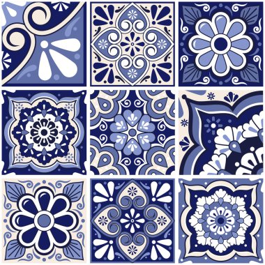  Meksika pürüzsüz kiremit deseni. Çiçekler, yapraklar ve lacivert renkli jeoemtrik şekillerle büyük bir set.