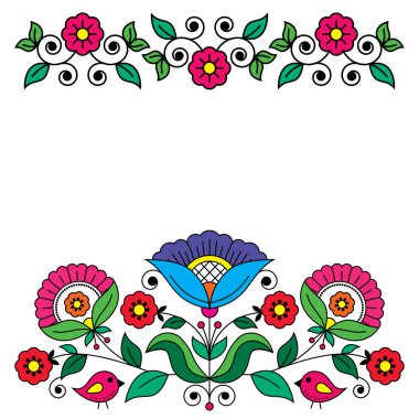 İskandinav halk sanatı tebrik kartı veya düğün davetiyesi tasarımı İsveç 'ten esinlenilmiş geleneksel nakış desenleri çiçekler, kuşlar, girdaplar ve yapraklarla retro dekorasyon