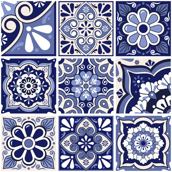 墨西哥无缝瓷砖矢量图案大集合 叶子和几何形状为深蓝色 — 图库矢量图片