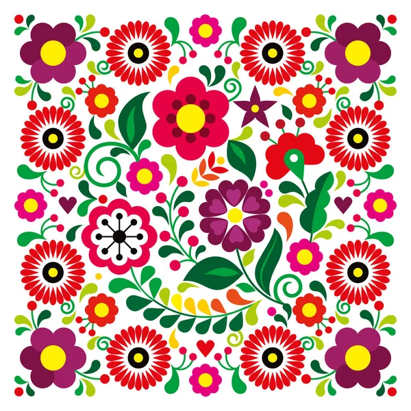 Estilo Arte Popular Retro Mexicano Vetor Padrão Floral Quadrado Cartão — Vetor de Stock