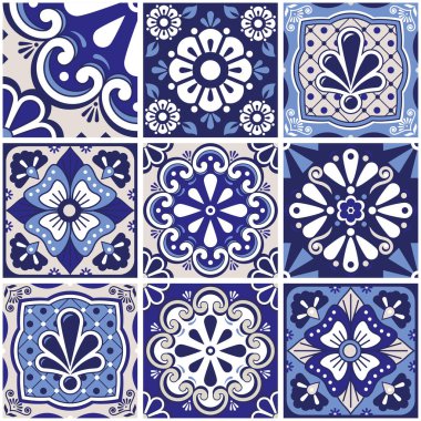 Meksika talavera tarzı, çiçeklerle, serin duvar kağıtlarıyla, dekoratif karolarla donanma mavisi renginde büyük set tasarımlarıyla kusursuz fayans koleksiyonu.
