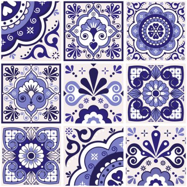 Meksika talavera fayansları, çiçek yaprakları, kalpler ve girdaplarla donanımsız lacivert desenli. Büyük set, tekrarlayan tasarım.