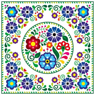 Meksika halk sanatı tarzı tebrik kartı tasarımı çerçevesinde yuvarlak çiçek deseni, Meksika 'dan çiçek nakışı. 