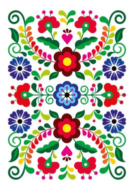 Meksika halk sanatı tarzı çiçek dikdörtgeni tebrik kartı veya davetiye tasarımı için mükemmel, Meksika 'dan geleneksel nakışlardan esinlenen çiçeklerle renklendirilmiş desen 