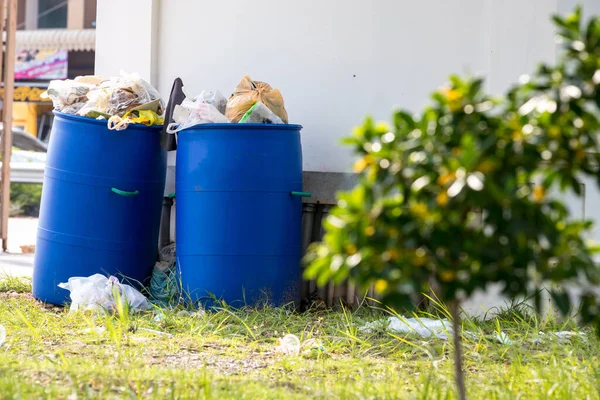Basureros Llenos Basura Cubos Basura Desbordantes Con Residuos Domésticos Desbordante — Foto de Stock