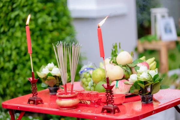 Traditional Chinese Offerings Gods Chinese New Year Offering Chinese Text — Stock Photo, Image