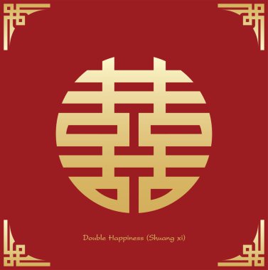Çin çifte mutluluk sembolü. Çin geleneksel süs tasarımı. Çince metin Shuang Xi olarak telaffuz edilir ve mutluluk tercüme edilir, mutluluk çoğalır..