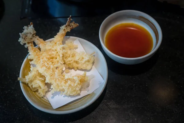 Camarones Fritos Tempura Salsa Dulce Para Mojar Comida Cultura Japonesa —  Fotos de Stock