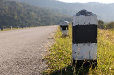 Siyah ve beyaz kilometre taşları hizalandı. Yol kenarında yeşil çimen olan siyah ve beyaz kilometre taşları. Kilometre taşları geçmişteki başarının temsilcisi ve bu yılın geleceğinin hedefi..