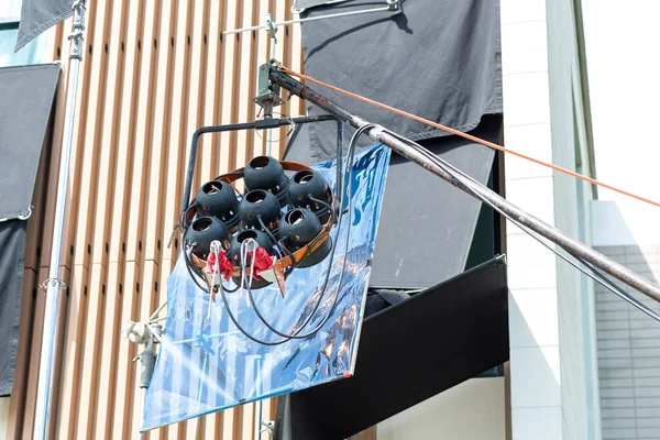 Process Filming Spotlight Illuminates Movie Set Many Lamps Outdoor Movie — Stockfoto