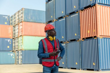 Afrikalı Amerikan Konteynır Deposu İşçisi. Ustabaşı kontrolü, kargo nakliye gemisinden ithal etmek için konteynır kutusu yüklüyor..