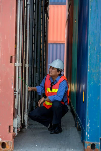 Capataz Profissional Trabalhar Local Carga Container Verificar Mercadorias Contêiner Trabalhadores — Fotografia de Stock