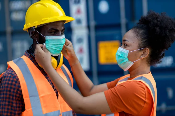 Wife Puts Medical Mask Her Husband Work Coronavirus Illness Infection — стоковое фото