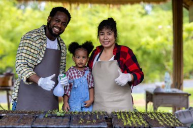 Kırsal kesimdeki sebze bahçesinde yaşayan Afro-Amerikan Ailesi. Anne, baba ve küçük kız bahçeye sebze ekiyorlar..