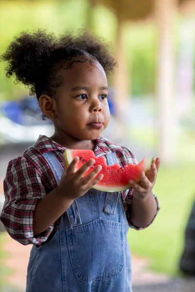 Criança Comendo Melancia Fresca Criança Menina Segurando Melancia Bonito Menina — Fotografia de Stock