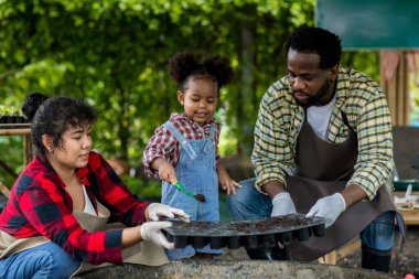 Kırsal kesimdeki sebze bahçesinde yaşayan Afro-Amerikan Ailesi. Anne, baba ve küçük kız bahçeye sebze ekiyorlar..