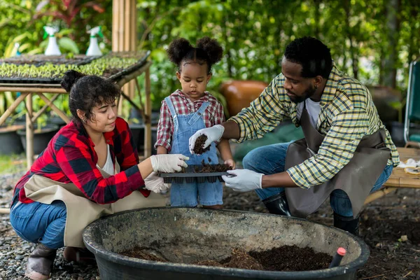 Familia Afro Americană Grădina Legume Țară Mamă Tată Fiică Plantând — Fotografie, imagine de stoc