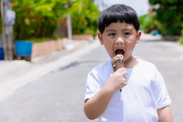 아이들은 초콜릿 아이스크림을 먹습니다 밖에서 아이스크림을 — 스톡 사진