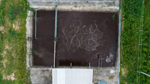 Water recycling in sewage treatment plant. Aerial view of waste water treatment