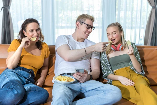 People Sitting Coach Having Snack Dinner Happy Family Eating Potato — Stockfoto