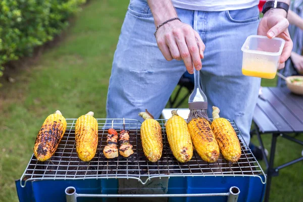 Family Enjoy Backyard Barbecues Party People Hanging Out Home Party — Fotografia de Stock