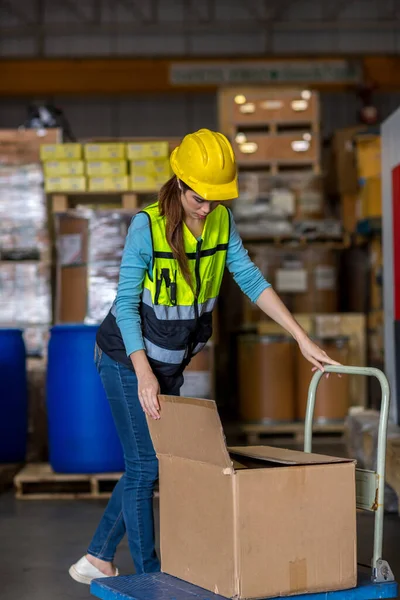 Portrait Female Worker Uniform Cardboard Boxes Warehouse — Stockfoto