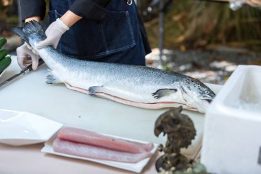 Somon, deneyimli şefin elinde. Sashimi ve suşi için somon filetosu dilimlemek için bıçak kullanıyor. Bir şef somon filetosunu kesme tahtasındaki bıçakla kesiyor. Balık filetosu.