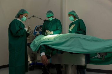 A team of surgeons in the operating room . A team of doctors standing in a hospital. Group of doctors wearing masks in the operating room