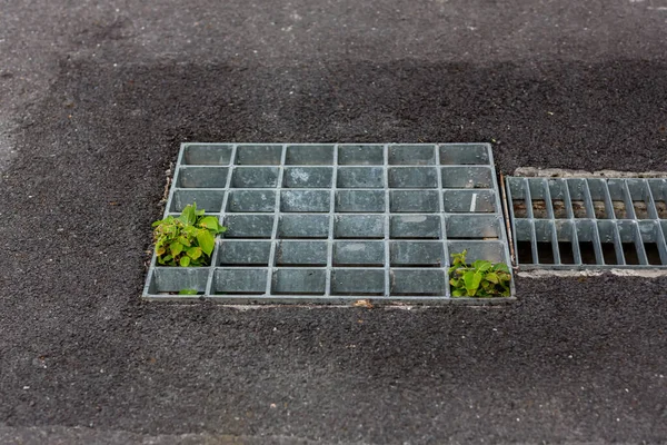 街道或人行道周围下水道的格栅排水 水再循环系统 废水处理 行人人行道上排水系统的格栅 — 图库照片