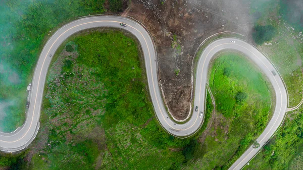 Aerial Drone Top View Road Curve Winding Mountains — Fotografia de Stock