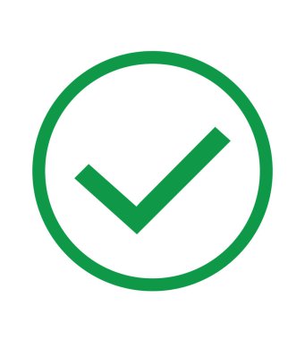 Green circle with green tick. Flat OK sticker icon. Green check mark icon. Tick symbol in green color