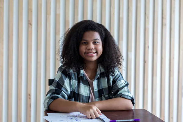 Girl Doing Homework Classroom Back School Cute Industrious Children Sitting — Stock fotografie