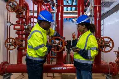 Engineer or technician work checking Fire suppression system and fire equipment. Engineer check red generator pump for water sprinkler piping and fire alarm control system