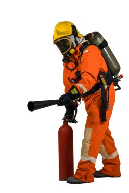 Fireman with a mask and equipment  on his back in a fully protective suit on a white background