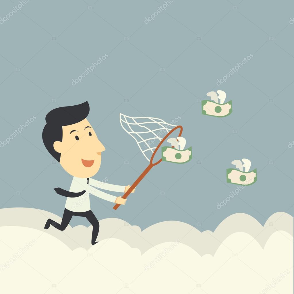 businessman trying to catch money fly