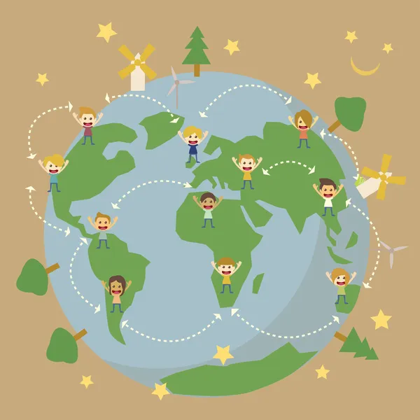 Children around the world save the planet earth — Stock Vector