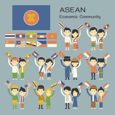   ASEAN insanlar bayrak ile geleneksel kostüm