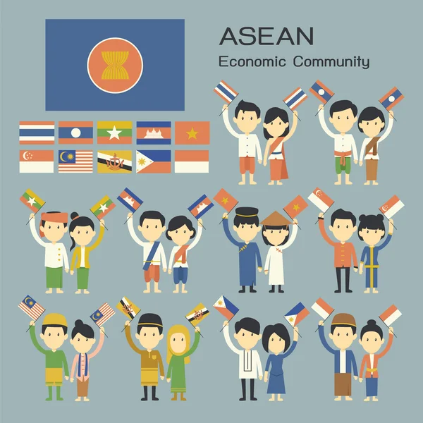 Peuple ASEAN en costume traditionnel avec drapeau — Image vectorielle