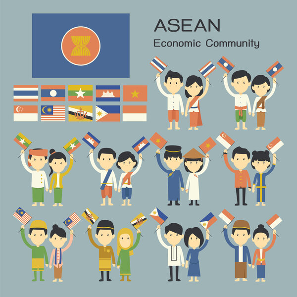   Asean people in traditional costume with flag