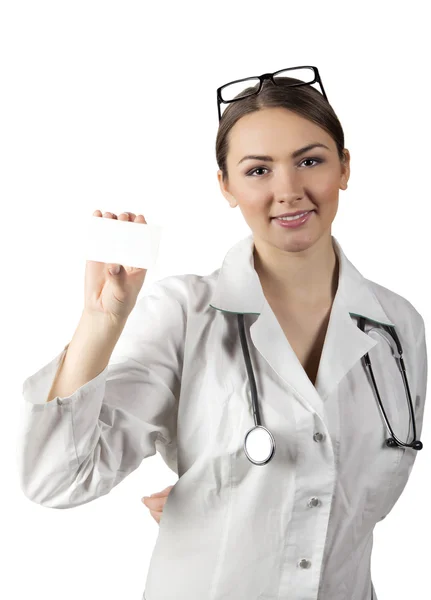 Woman doctor with a business card — Stock Photo, Image
