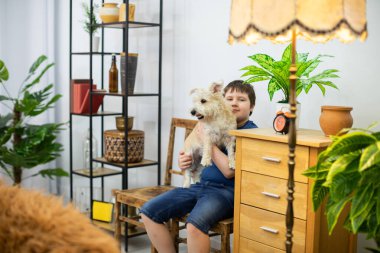 Bir çocuk bir köpeği kollarına alır ve duvara karşı bir sandalyeye oturur..