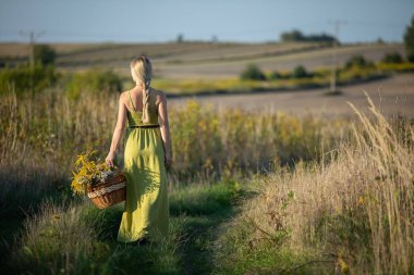 Genç bir şifalı bitkilerle dolu bir sepetle toprak bir yolda yürüyor..